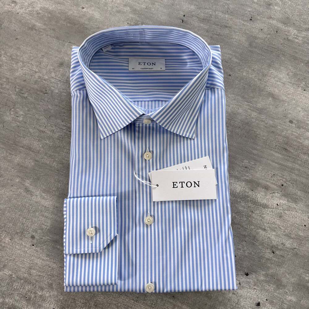 Eton Contemporary Signature Twill Cotton White Blue Stripe Dress Shirt 18/46 NEW